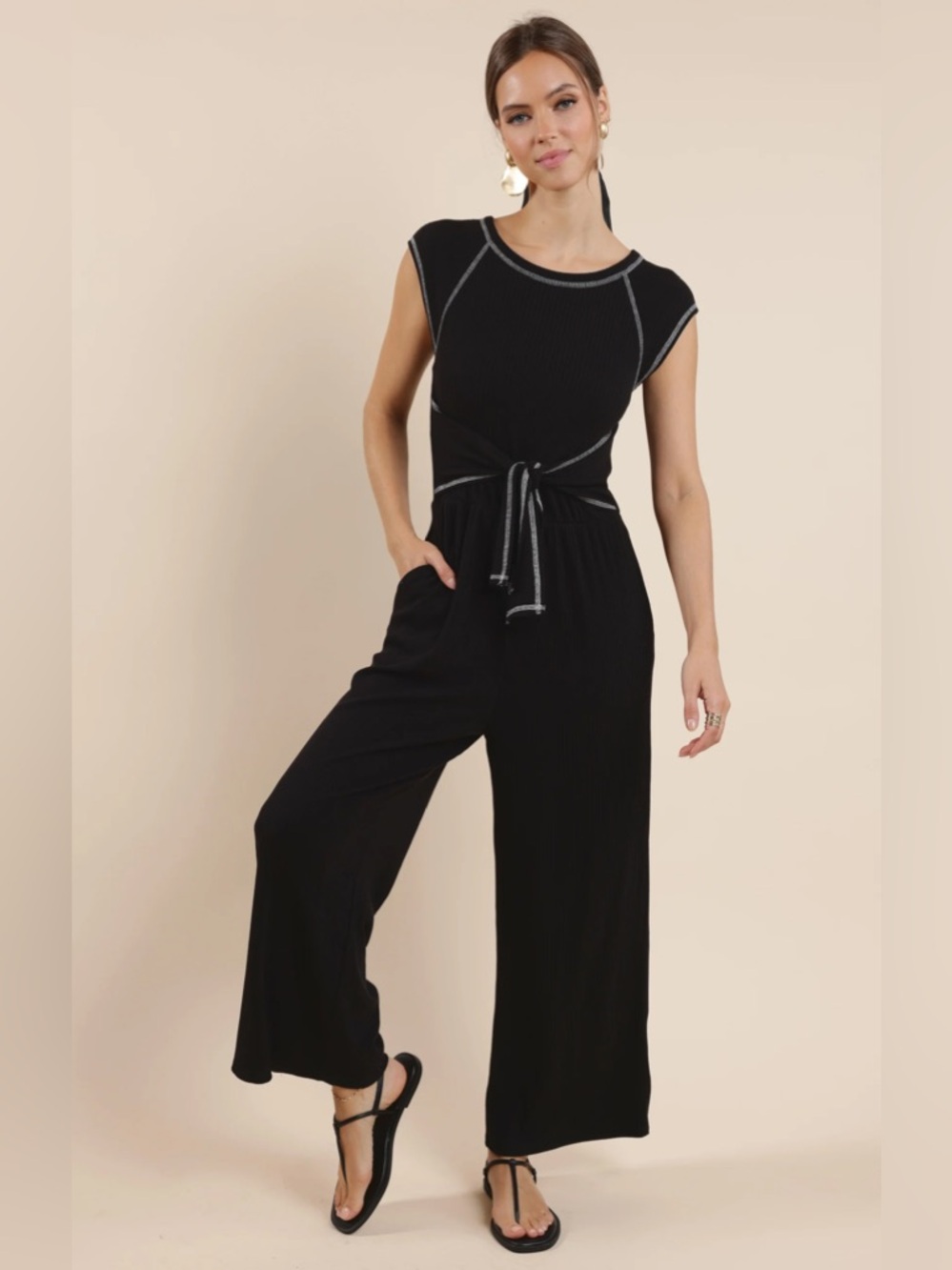 Sage Black Sleeveless Wide-Leg Jumpsuit with Contrast Stitching